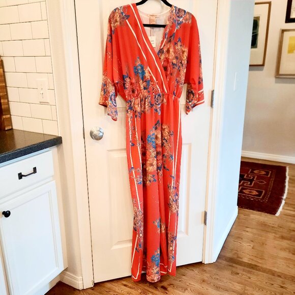 NEW Wide Leg, Surplice Front Flying Tomato Jumpsuit, Red Floral, Size S - Picture 1 of 6